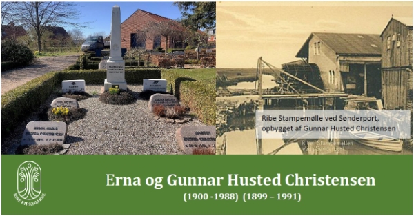 Erna og Gunnar Husted Christensens familiegravsted og billede af Ribe Stampemølle opbygget af Gunnar